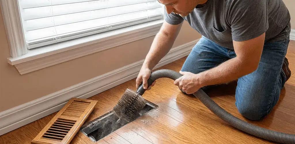 Air duct cleaning technician vacuuming a floor vent and duct opening in St Paul, MN