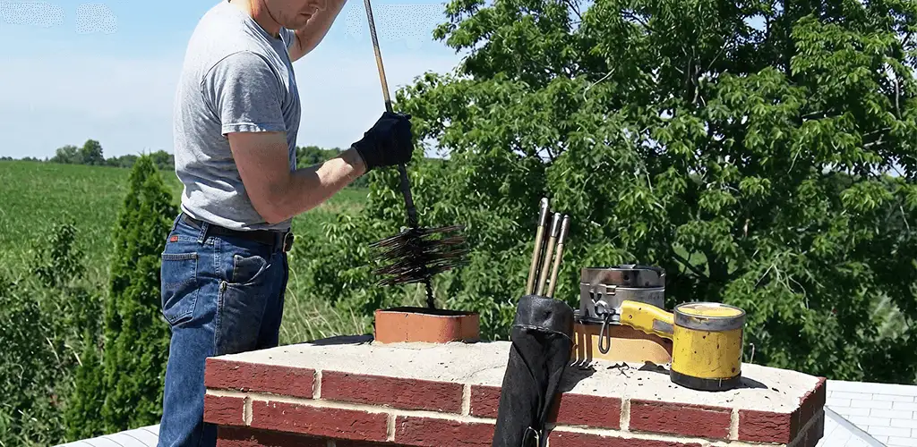 Chimney cleaning technician working on a rooftop chimney with professional tools in St Paul, MN
