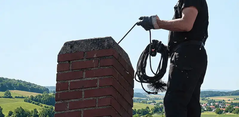 Chimney sweep inspecting and cleaning a rooftop chimney in St Paul, MN