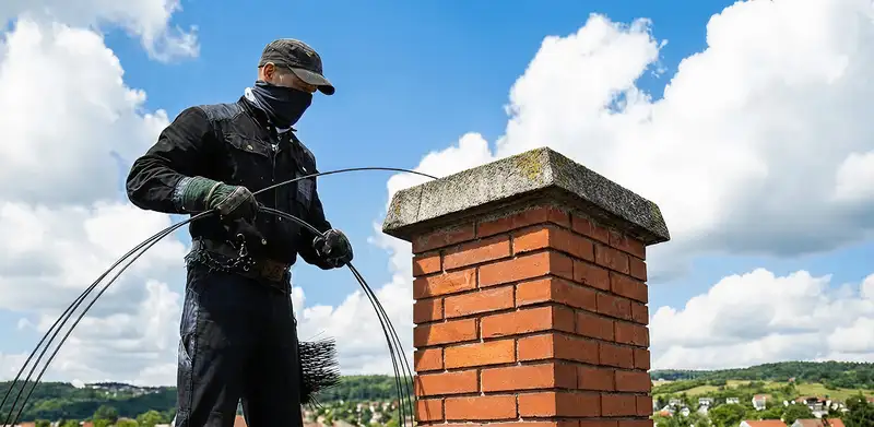 Chimney sweep cleaning a brick chimney with professional tools in St Paul, MN