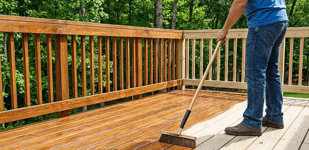 Deck staining and sealing application on a wood deck in St Paul, MN