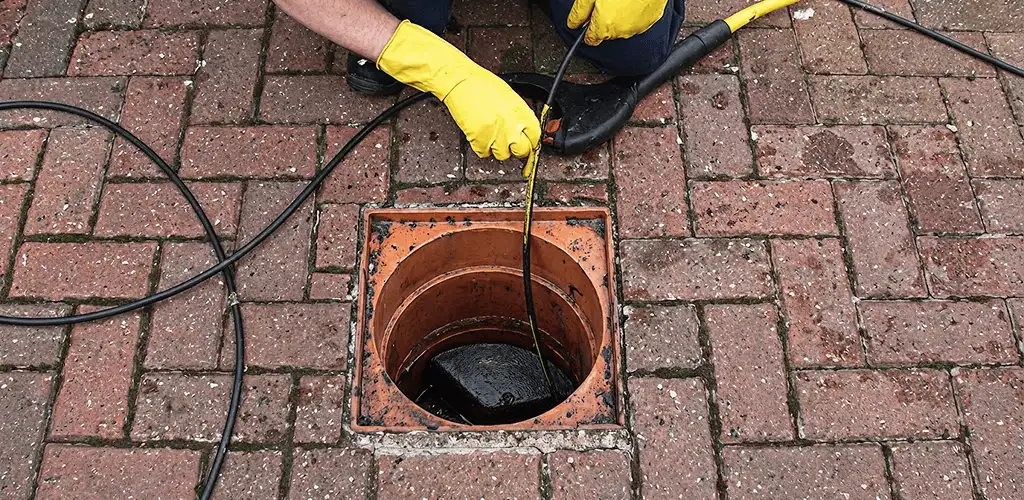 Drain cleaning technician using a drain snake to clear a clogged drain in St Paul, MN