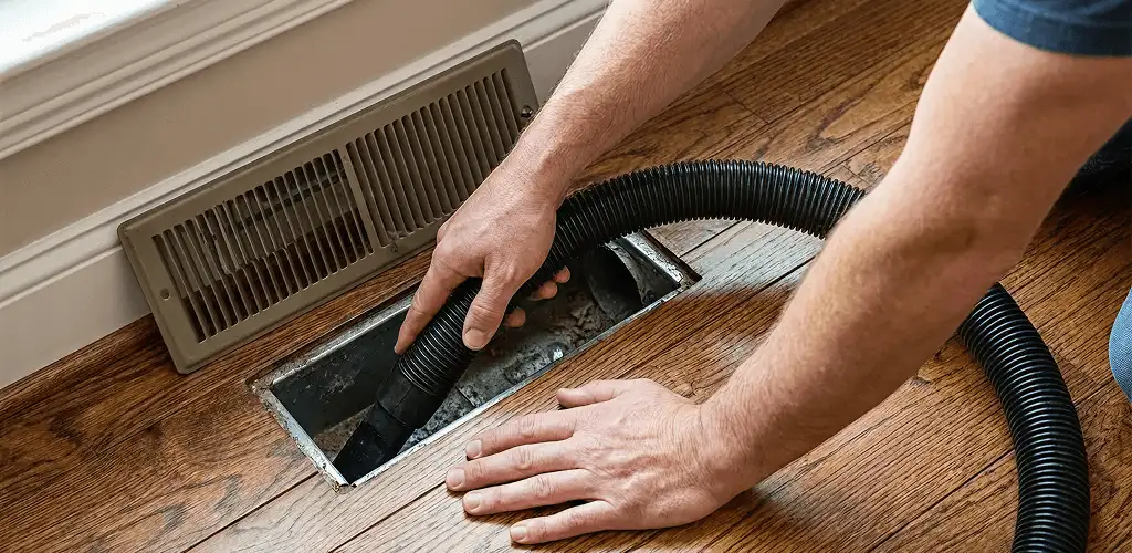 Air duct cleaning technician vacuuming a floor register and duct opening in St Paul, MN