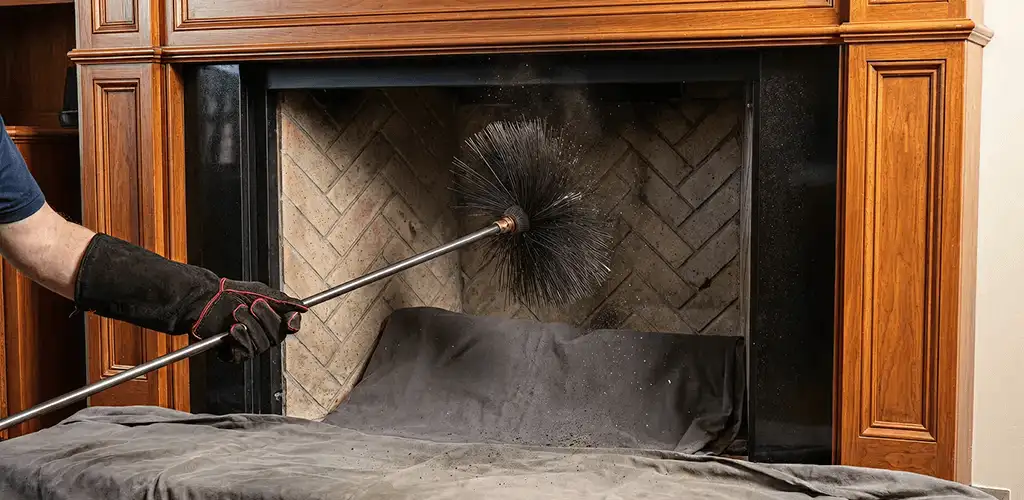 Chimney cleaning service brushing soot from a fireplace and flue in St Paul, MN