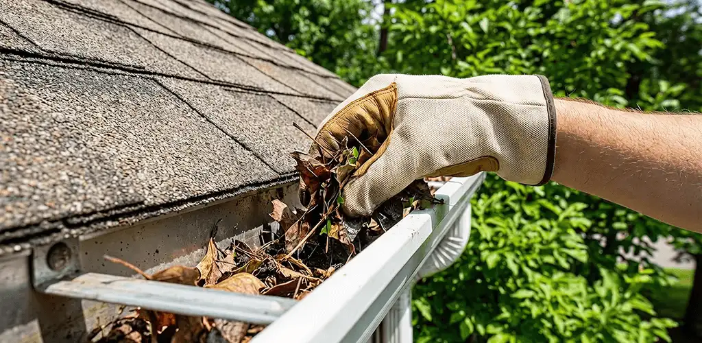 Gutter cleaning removing leaves and debris from roof gutters in St Paul, MN