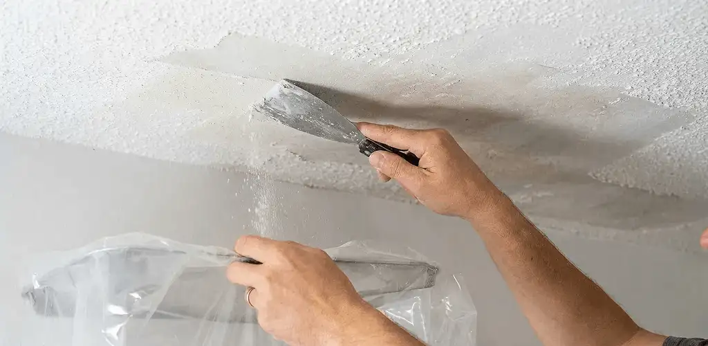 Popcorn ceiling removal technician scraping texture from a ceiling in St Paul, MN