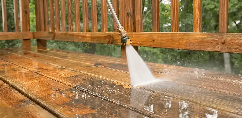 Pressure washing a wood deck to remove dirt and buildup in St Paul, MN