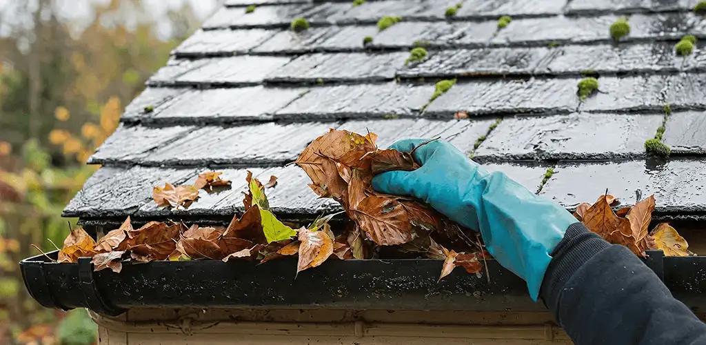 Gutter cleaning technician clearing wet leaves from roof gutters in St Paul, MN