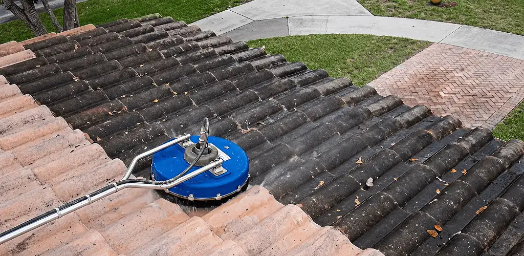 Roof pressure cleaning removing debris and buildup from roof tiles in St Paul, MN