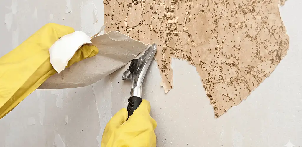 Wallpaper removal service stripping old wallpaper from a wall in St Paul, MN