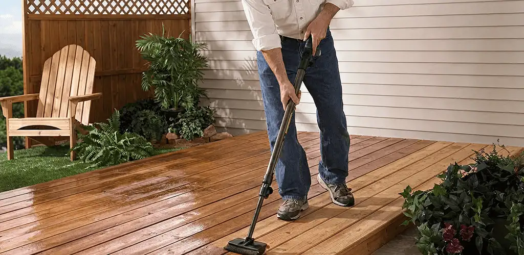 Deck staining service applying stain to a backyard wood deck in St Paul, MN